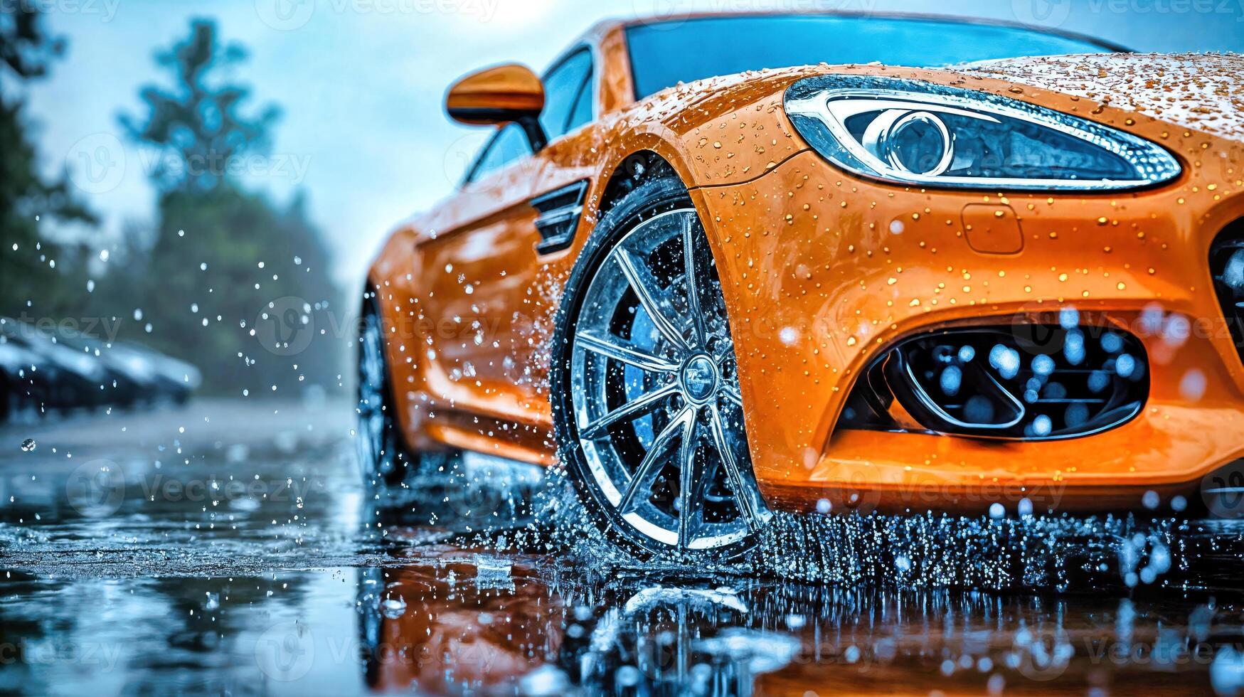 Orange sports car with chrome alloy wheels in rain puddle. Luxury vehicle with water droplets and splashes on wet road. Premium automotive design detail. Performance photo