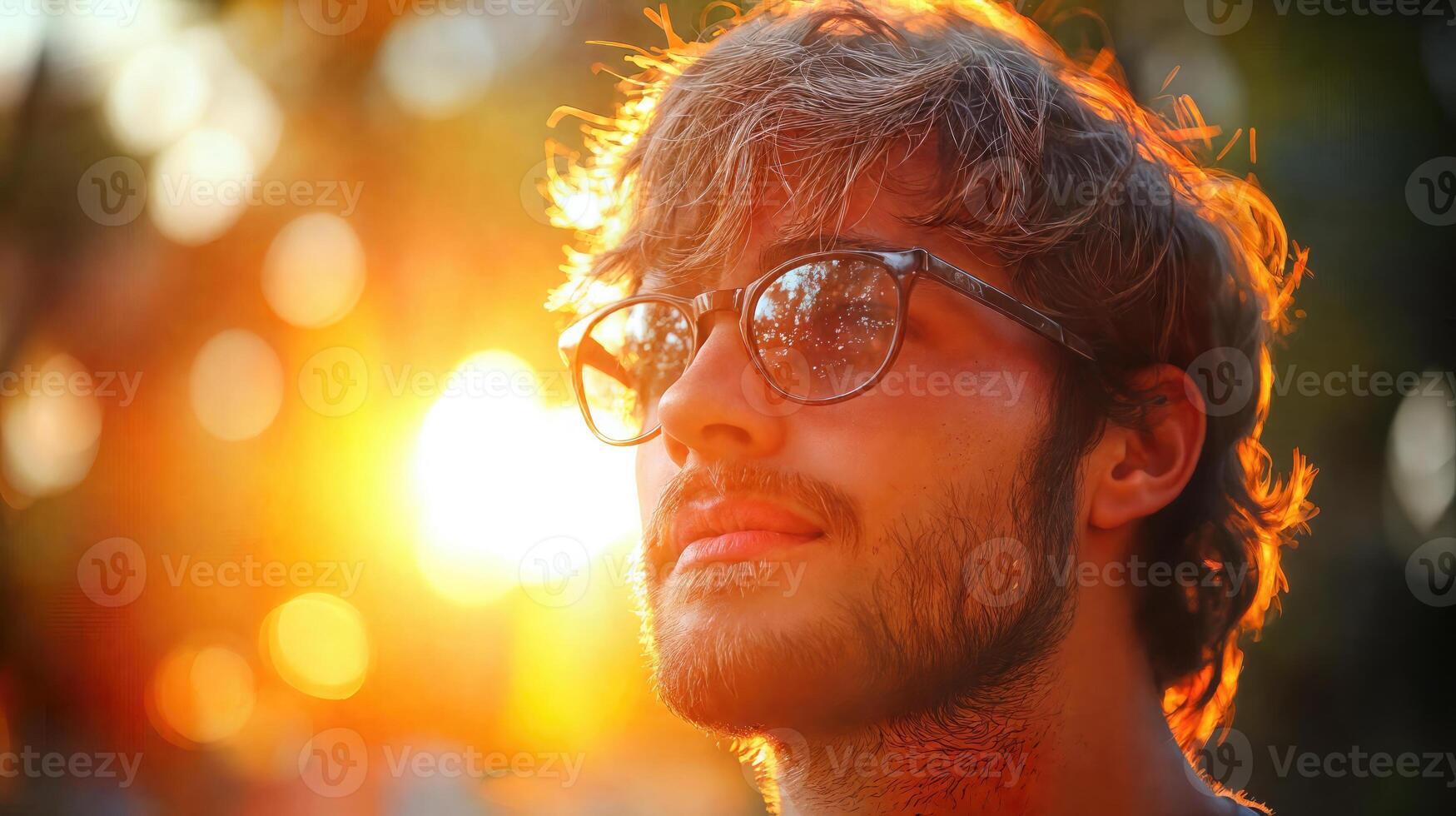 A man with glasses and a beard is looking into the sun photo