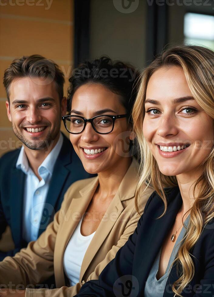 Group portrait of young diverse business people smiling and sitting in office, brainstorming, team at work photo
