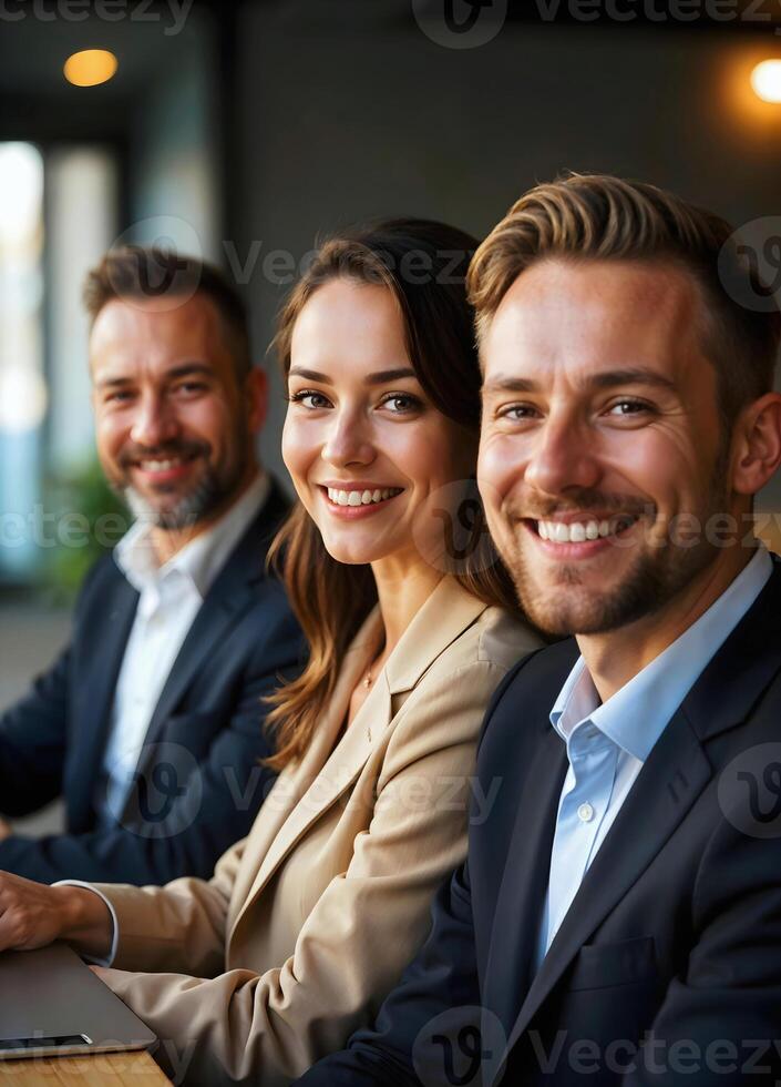 Group of young diverse business people smiling and sitting in office, brainstorming, team at work photo