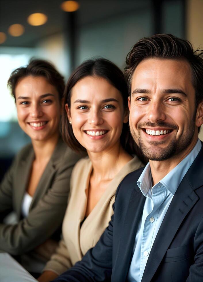 Group of young diverse business people smiling, sitting in office, brainstorming, team at work photo