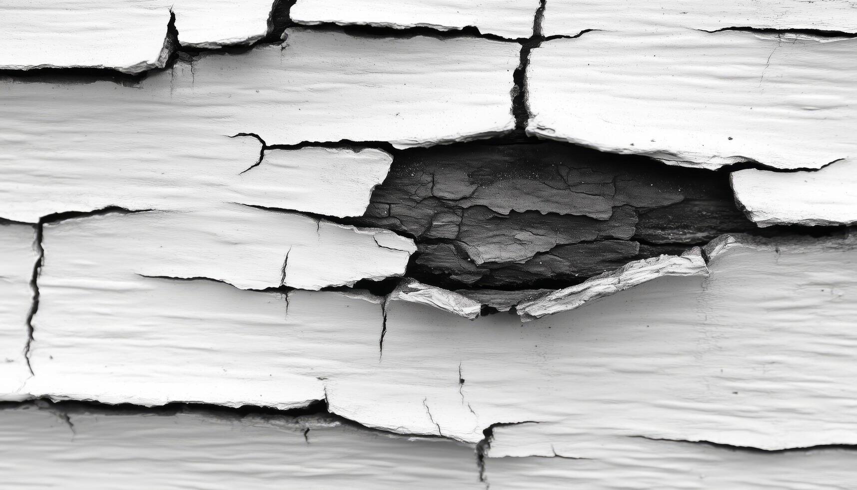 Black and white photo of a cracked white wall