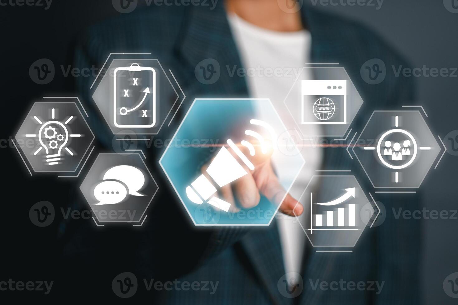 A dynamic representation of marketing strategies with digital icons, showcasing innovation and business growth. photo