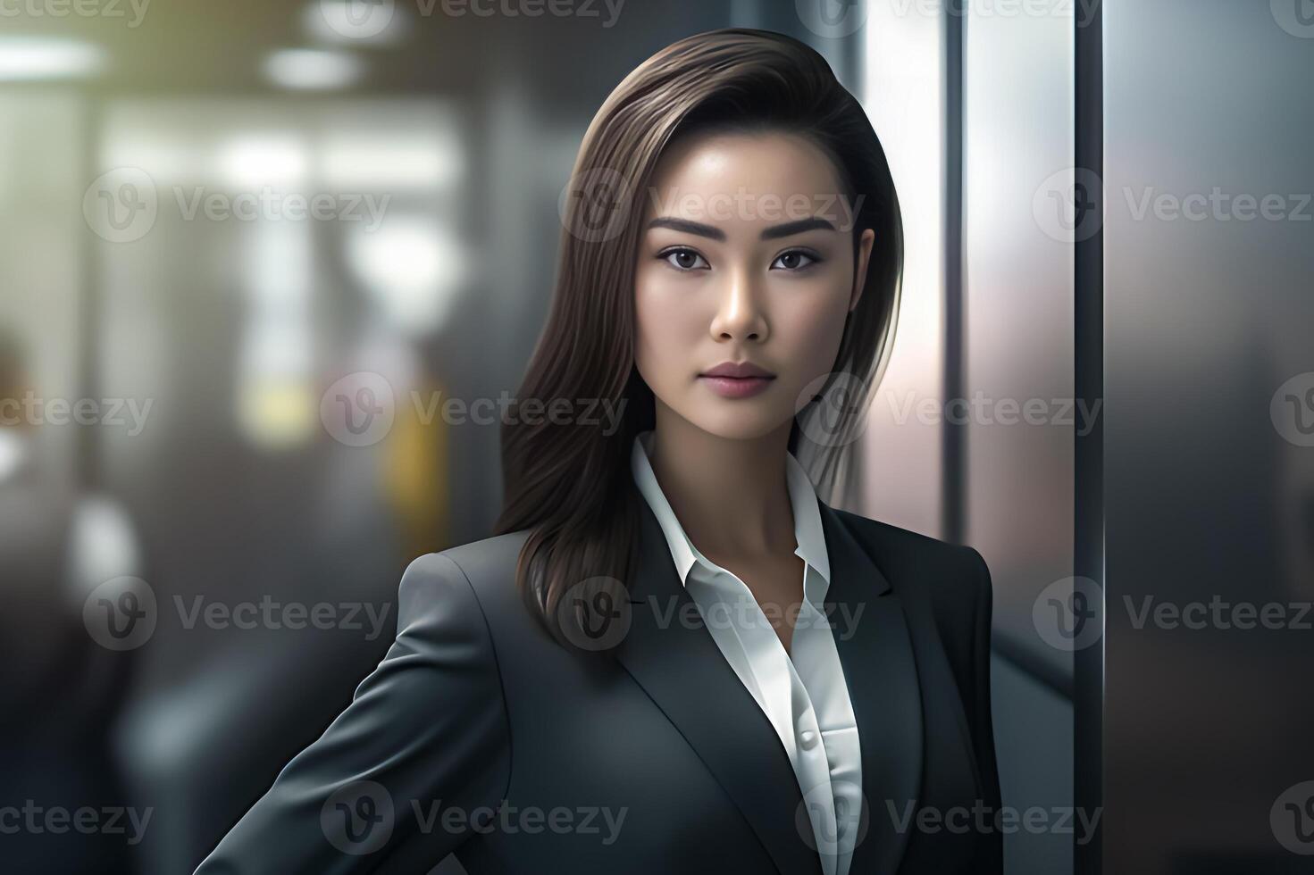 Smart working woman with a business suit is standing and posting in front of a blur office environment background. 117 photo