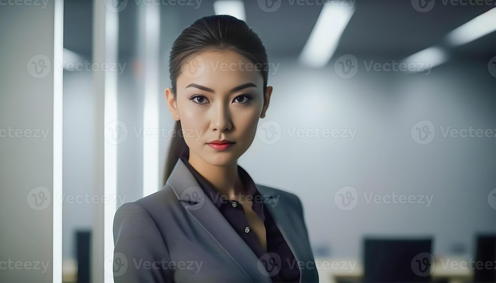 Smart working woman with a business suit is standing and posting in front of a blur office environment background. 11 photo