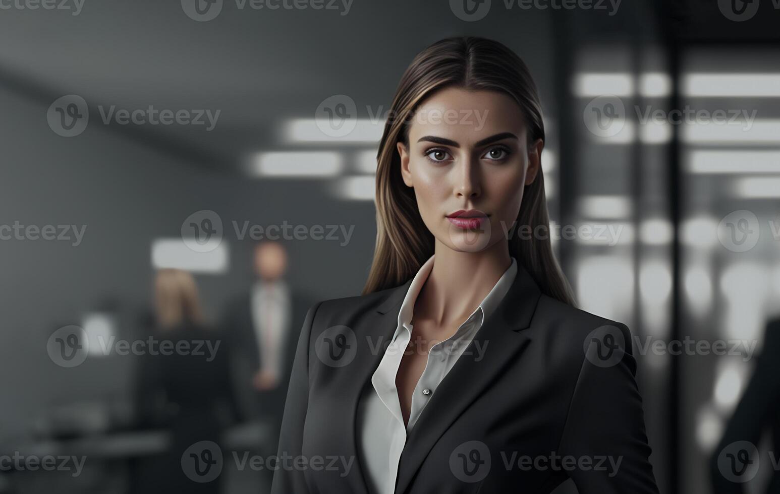 Smart working woman with a business suit is standing and posting in front of a blur office environment background. 115 photo
