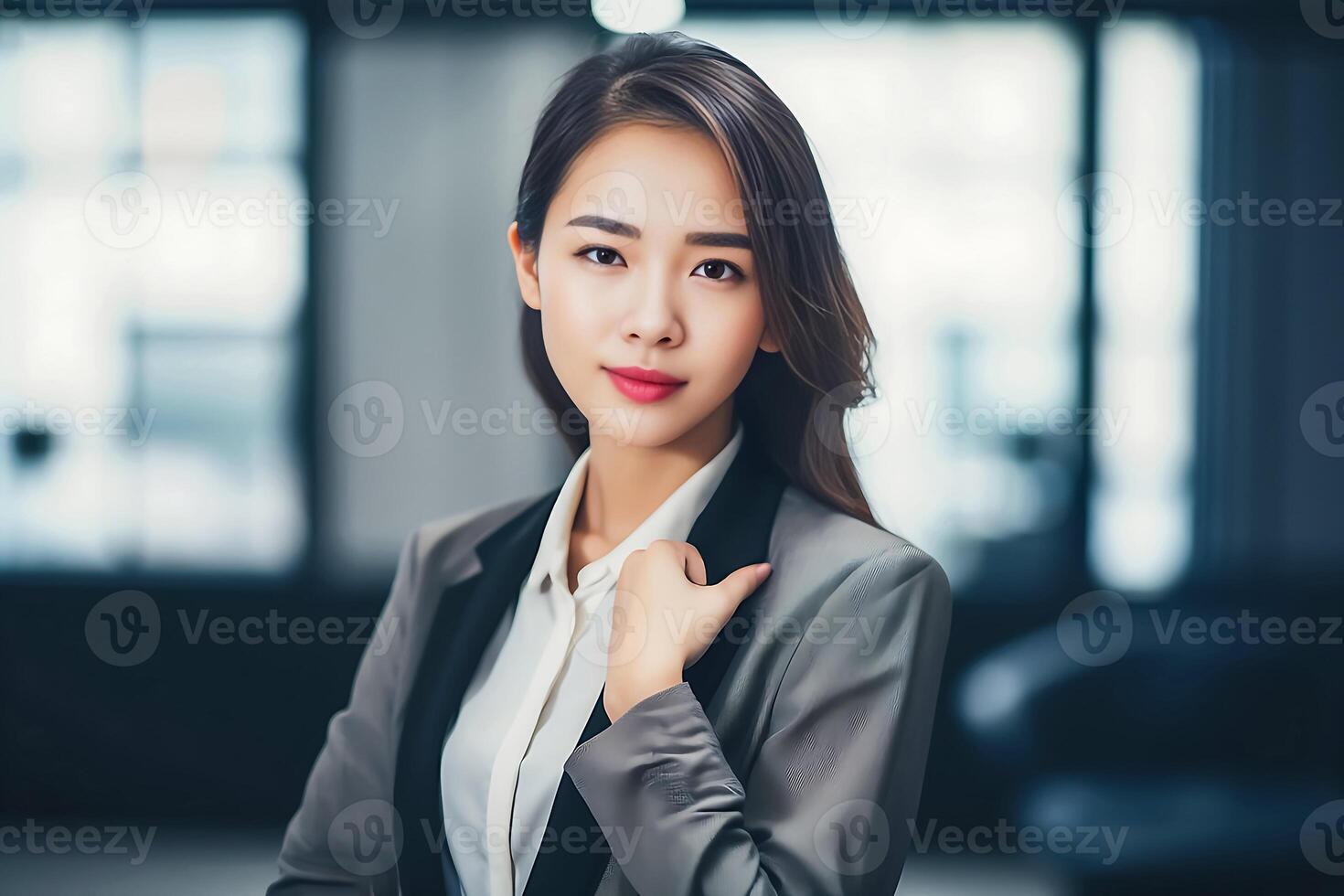 Smart working woman with a business suit is standing and posting in front of a blur office environment background. 127 photo
