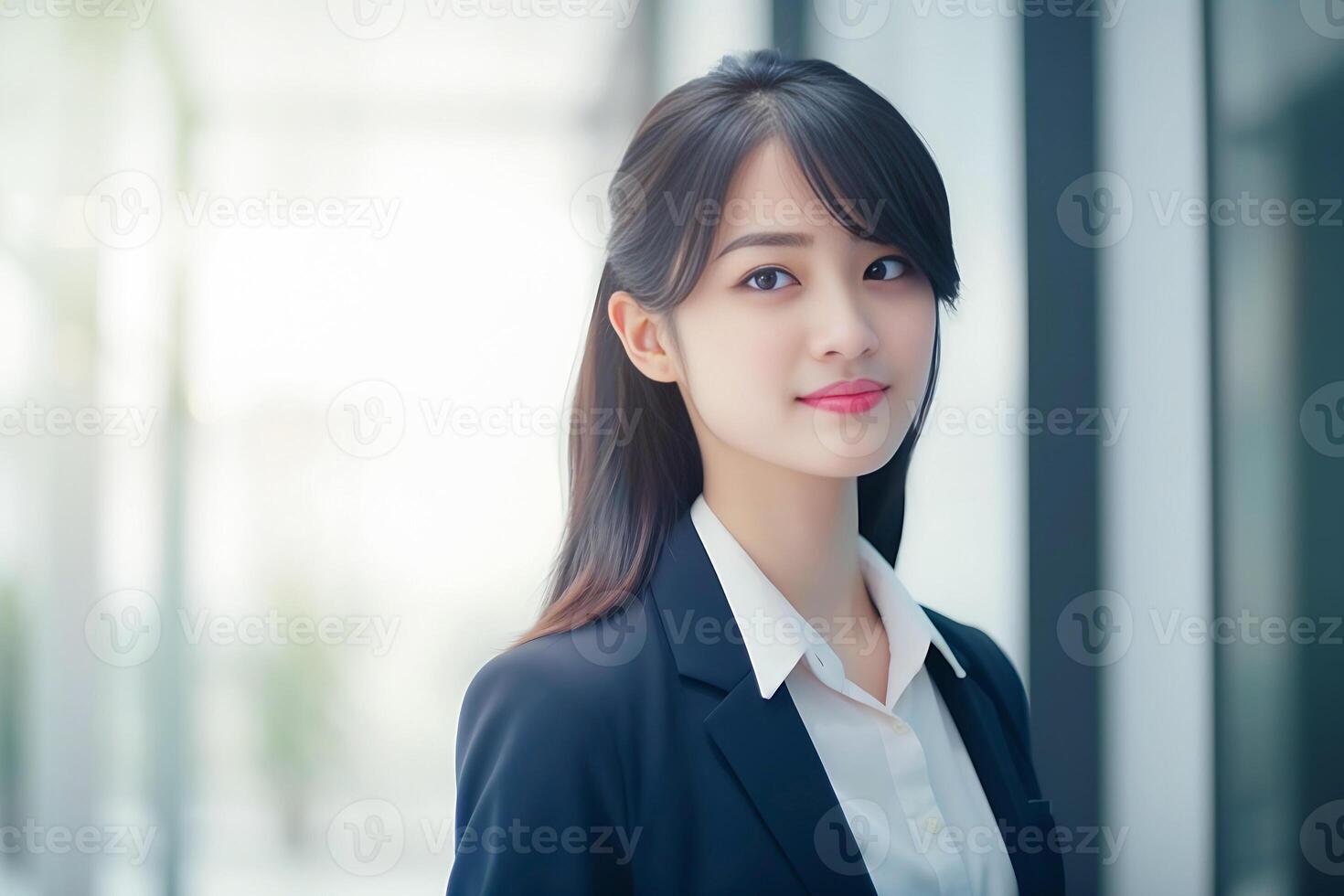 Smart working woman with a business suit is standing and posting in front of a blur office environment background. 122 photo