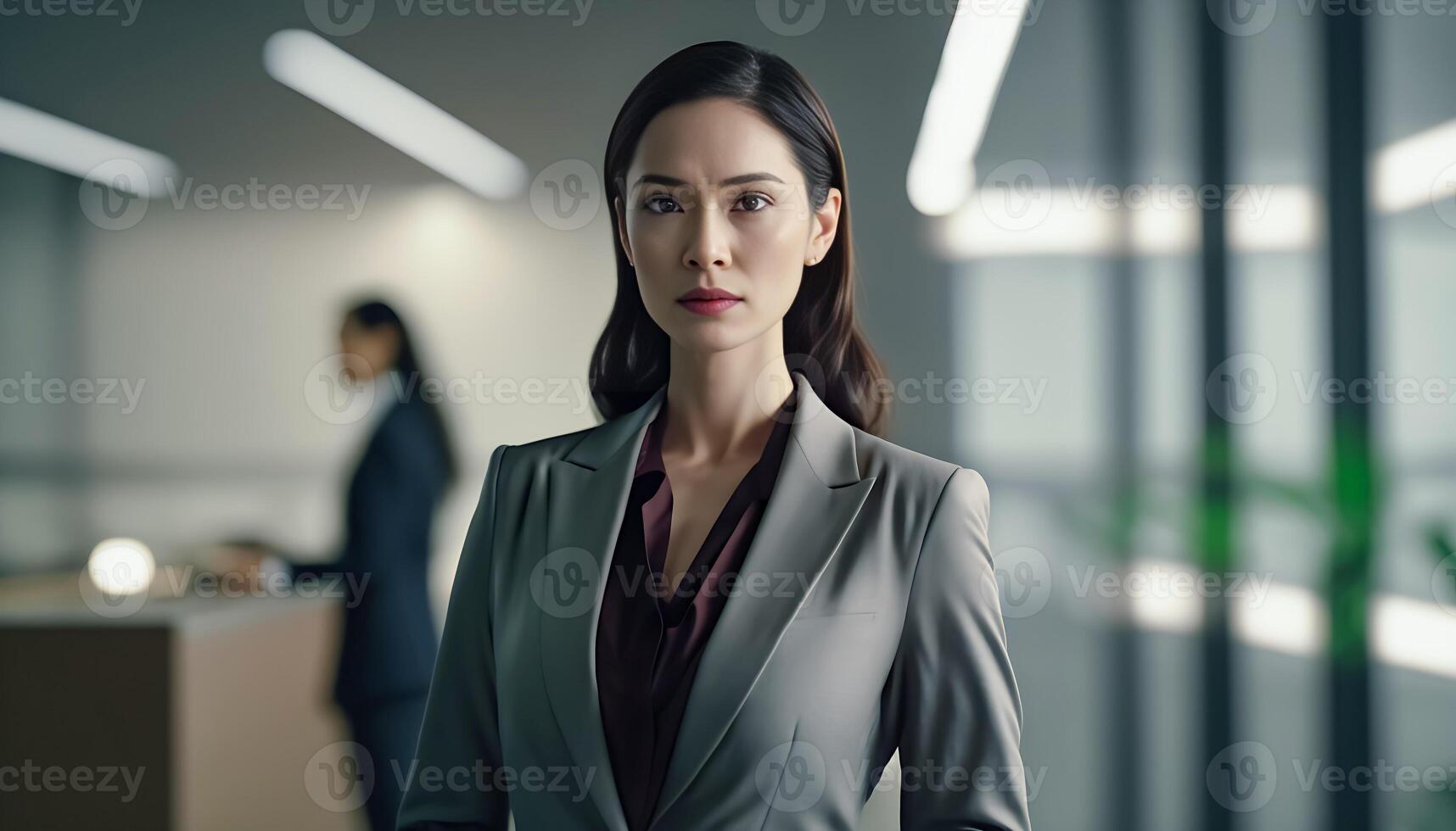 Smart working woman with a business suit is standing and posting in front of a blur office environment background. 12 photo
