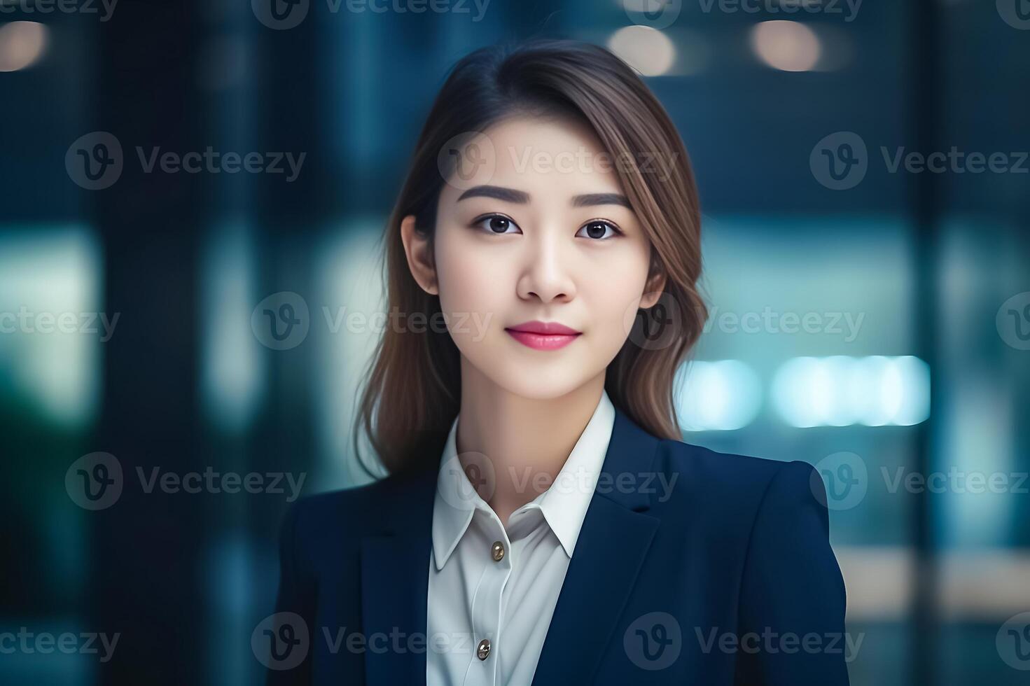 Smart working woman with a business suit is standing and posting in front of a blur office environment background. 132 photo