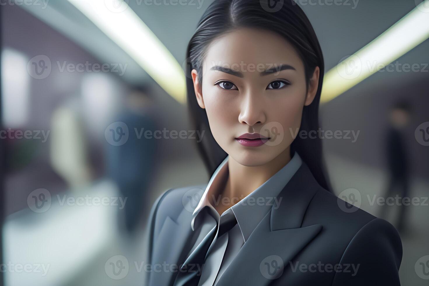 Smart working woman with a business suit is standing and posting in front of a blur office environment background. 121 photo