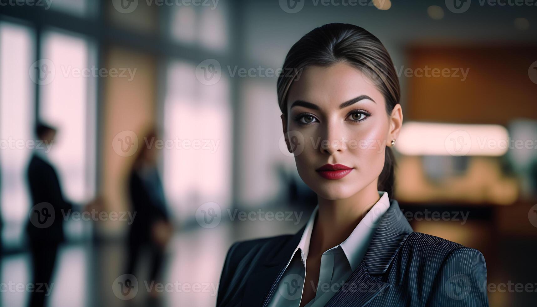 Smart working woman with a business suit is standing and posting in front of a blur office environment background. 113 photo