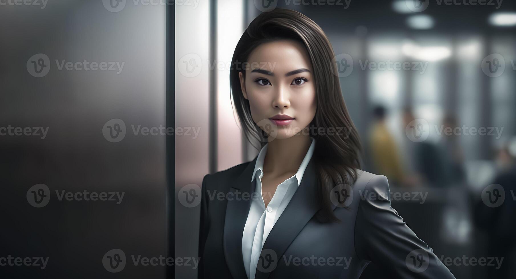 Smart working woman with a business suit is standing and posting in front of a blur office environment background. 118 photo