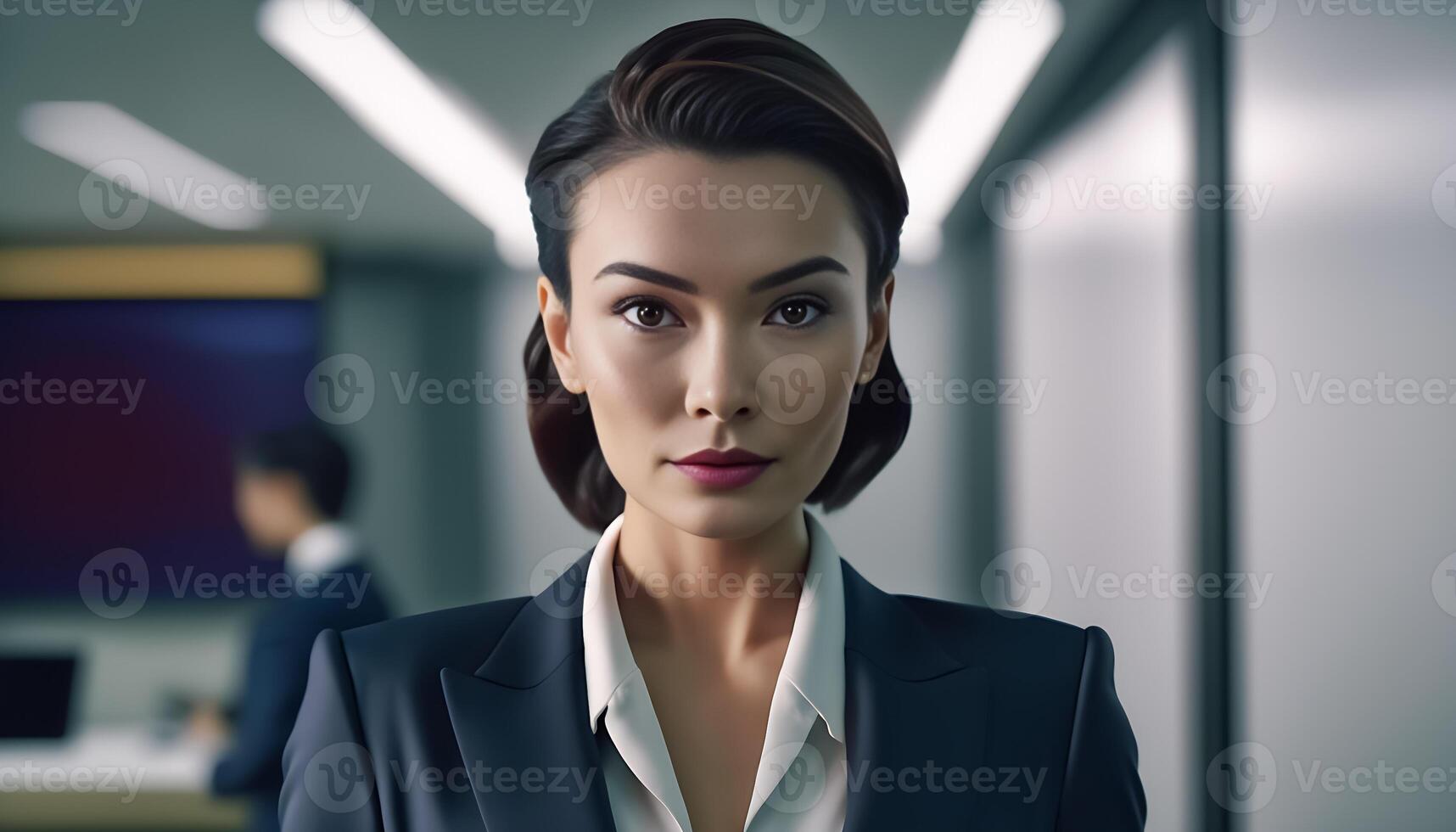 Smart working woman with a business suit is standing and posting in front of a blur office environment background. 116 photo