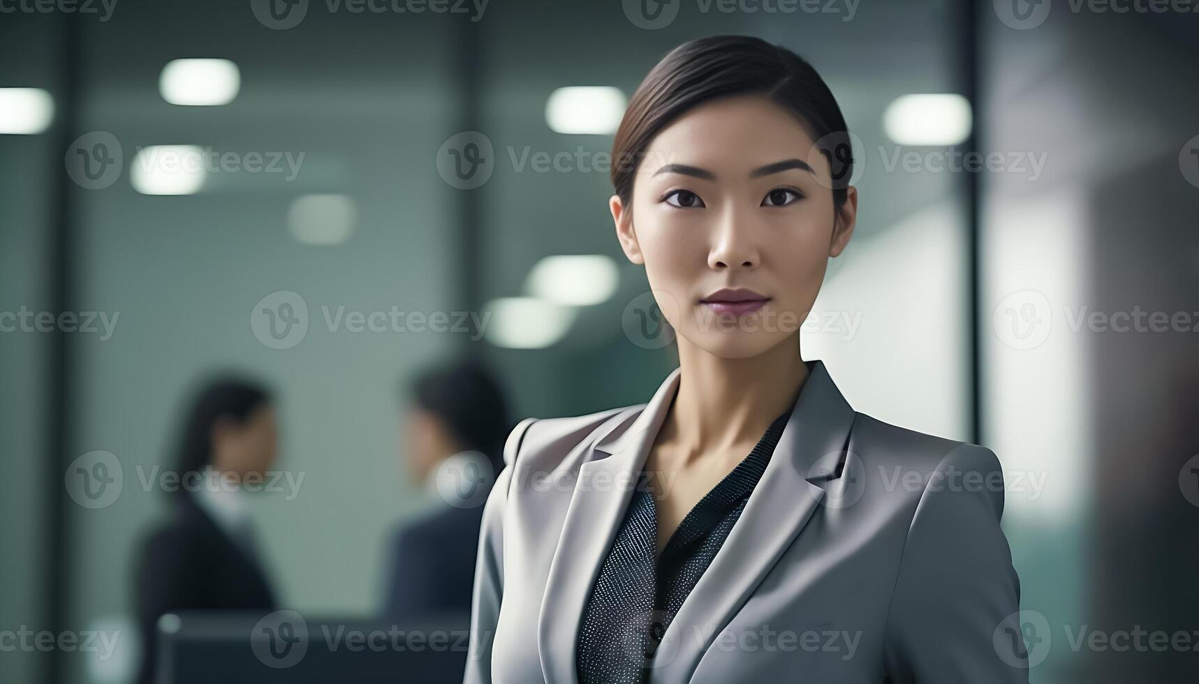 Smart working woman with a business suit is standing and posting in front of a blur office environment background. 114 photo