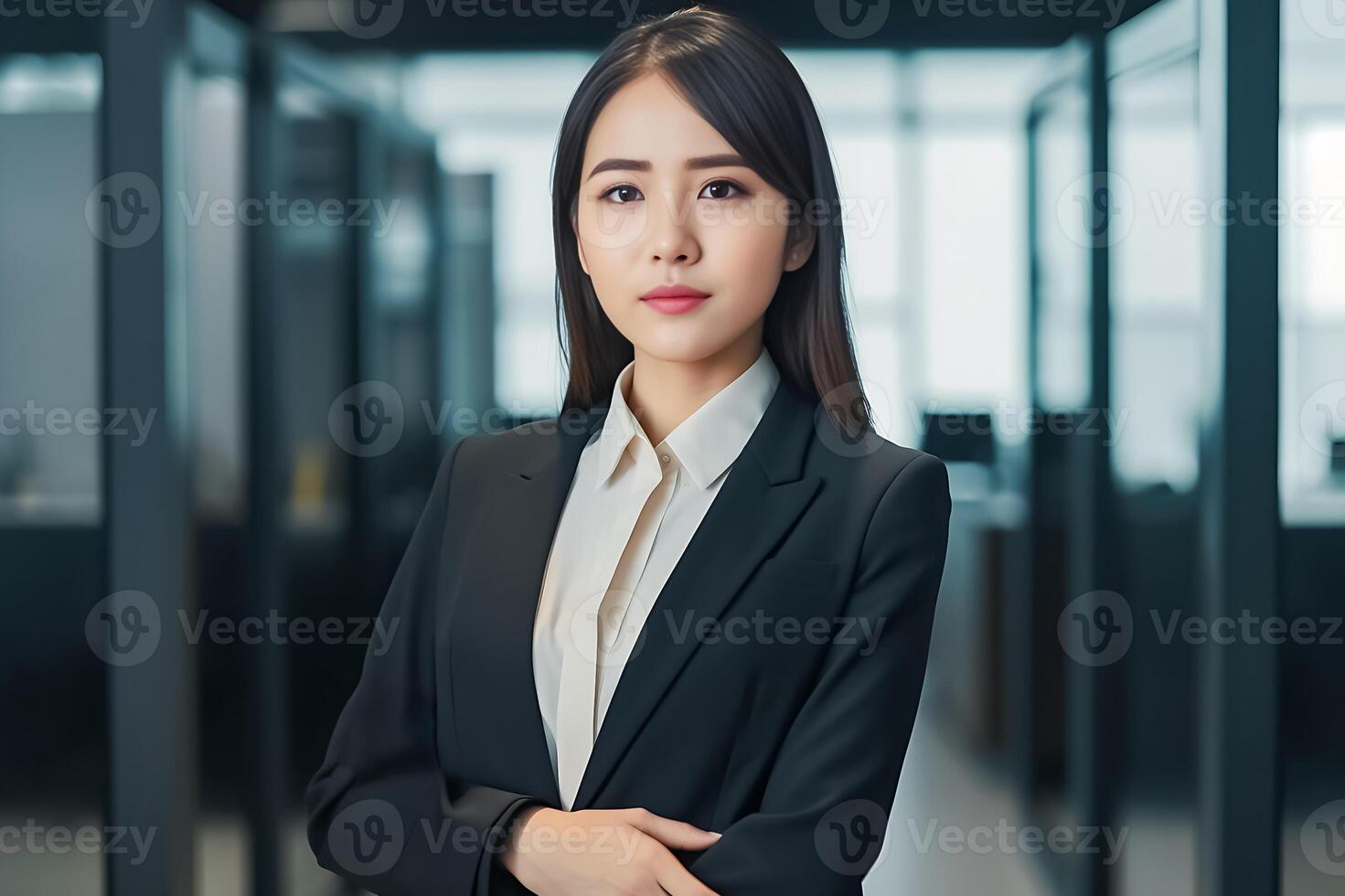 Smart working woman with a business suit is standing and posting in front of a blur office environment background. 135 photo