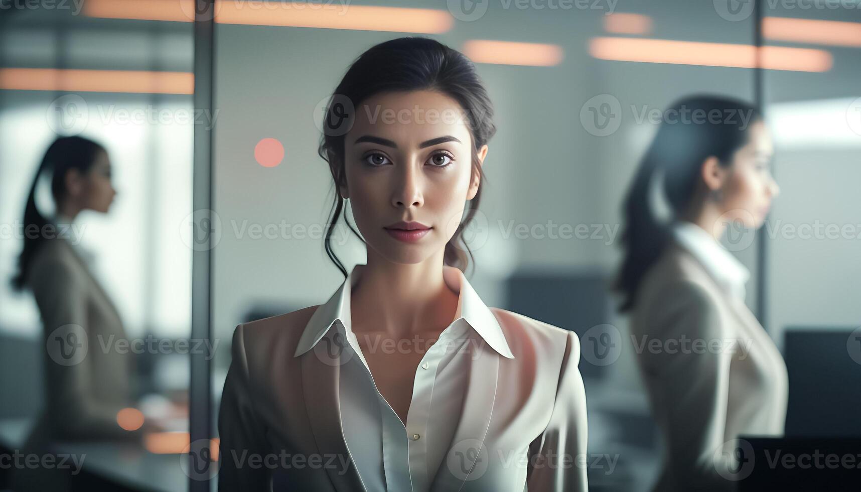 Smart working woman with a business suit is standing and posting in front of a blur office environment background. photo