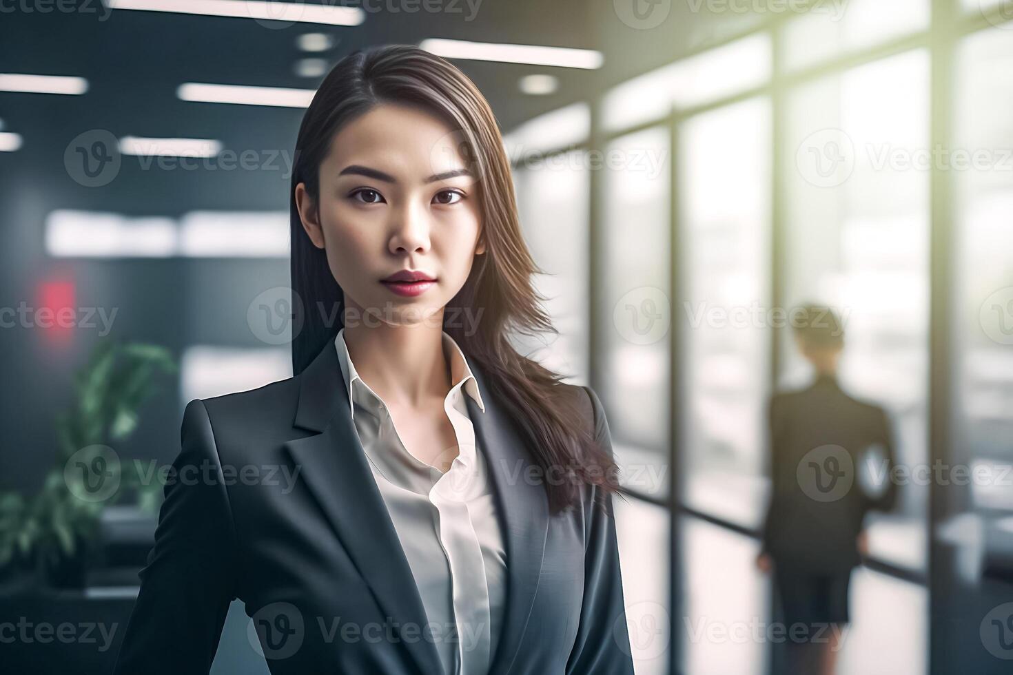 Smart working woman with a business suit is standing and posting in front of a blur office background. photo