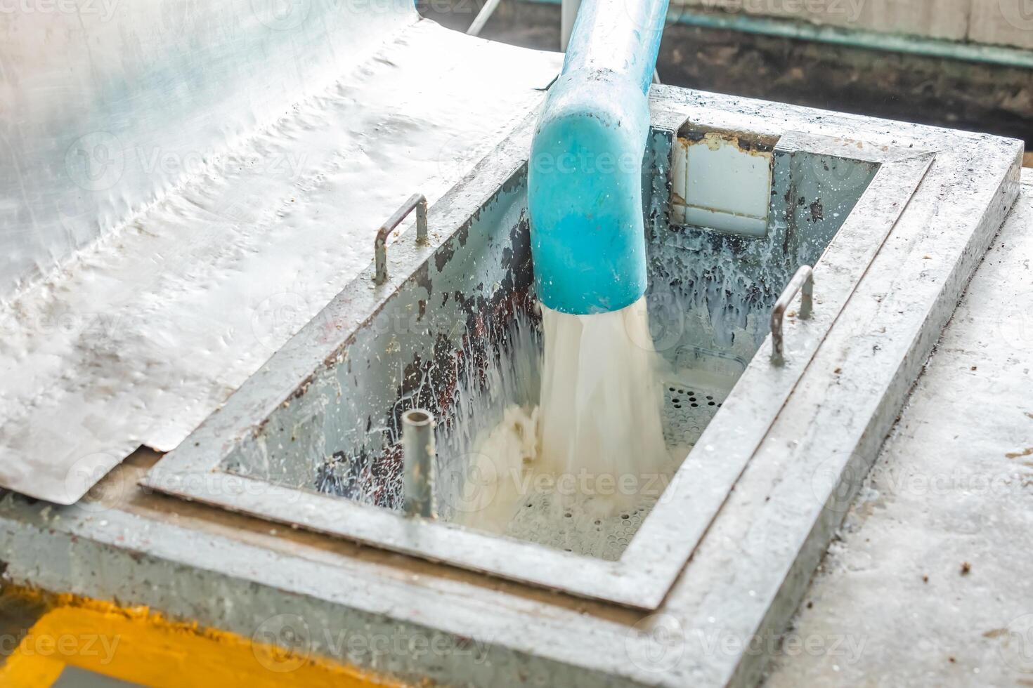Milky white liquid gush out of the blue plastic industrial photo