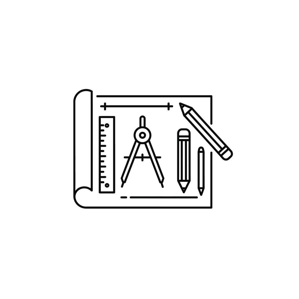 A line drawing of a pencil, ruler and compass vector