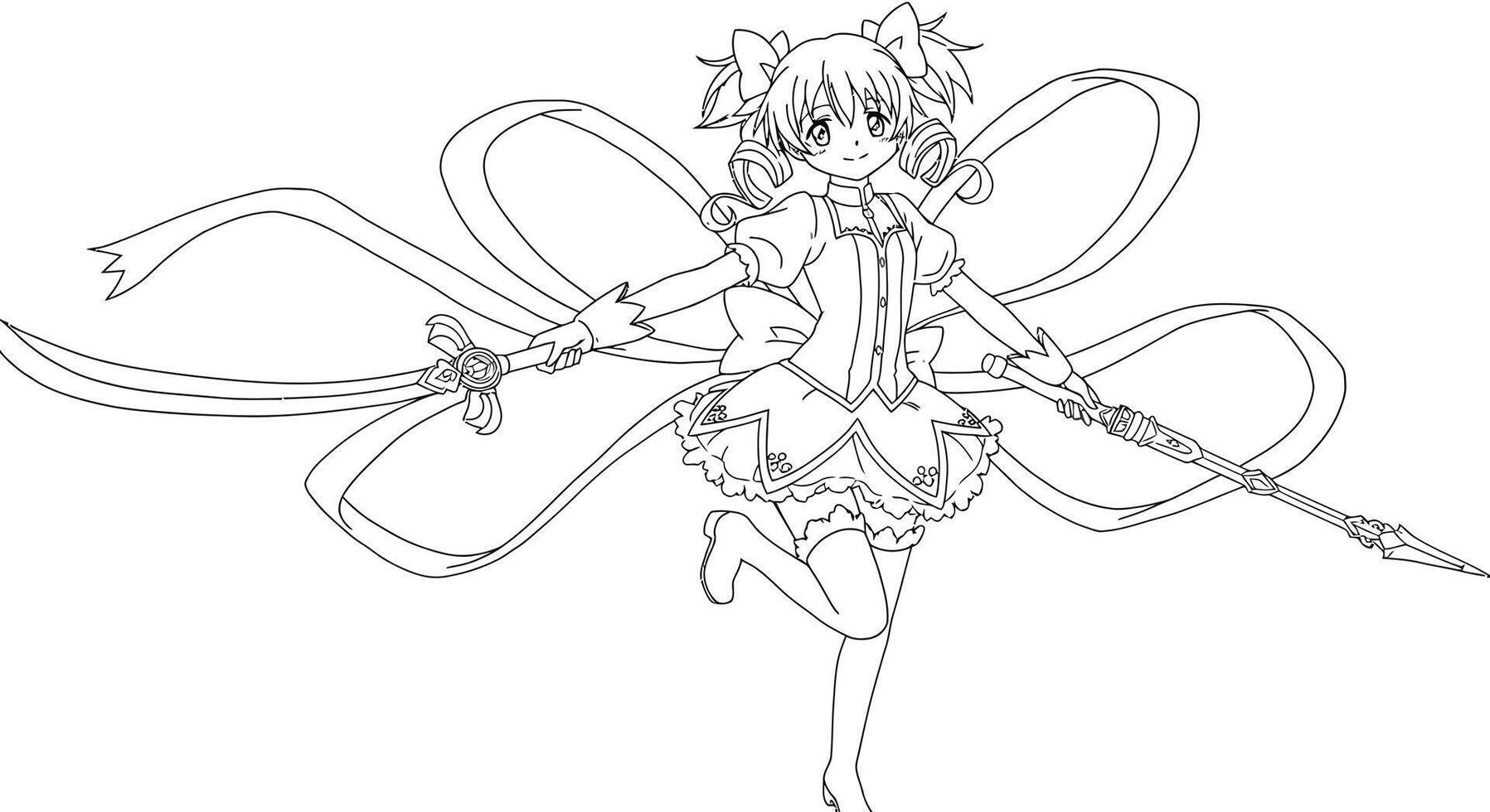 A coloring page with a girl in a dress holding a sword vector