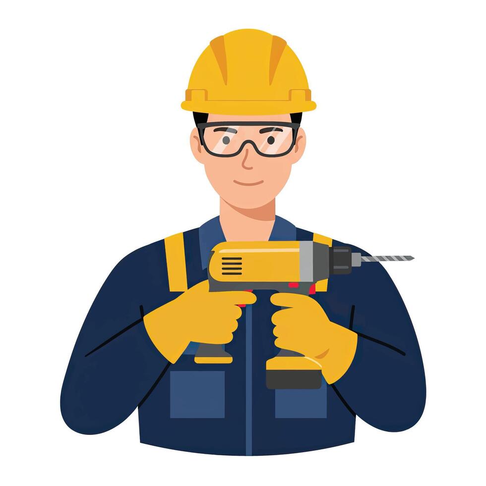 A man in hard hat holding a drill vector