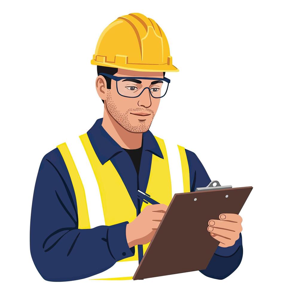 A man in a hard hat and safety glasses is writing on a clipboard vector