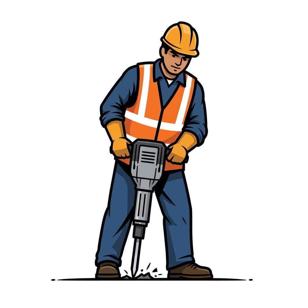 A man in an orange vest and hard hat is using a drill vector