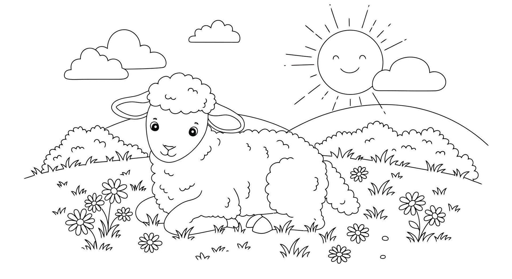 A coloring page with a sheep in the grass and sun showing on background vector