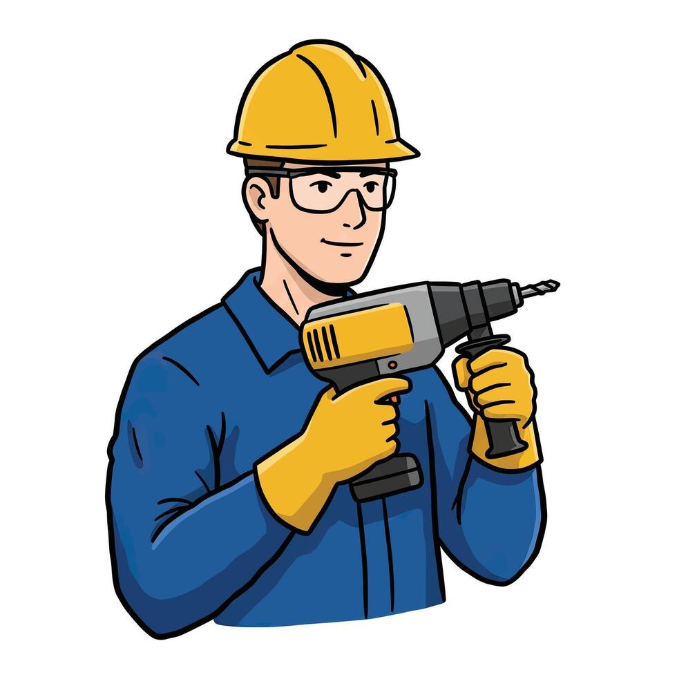 A man in a hard hat holding an electric drill vector