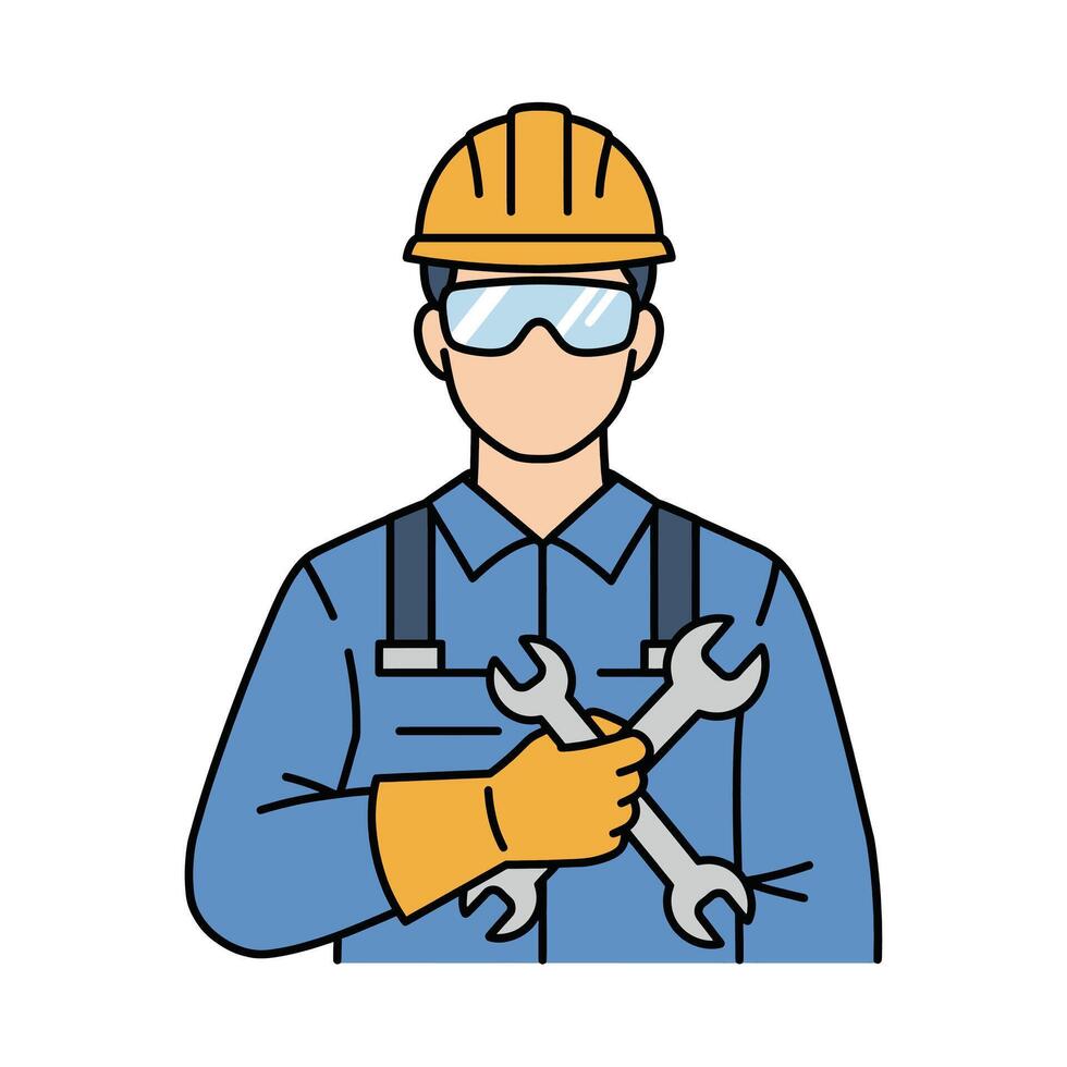 A man in a hard hat and glasses holding a wrench vector
