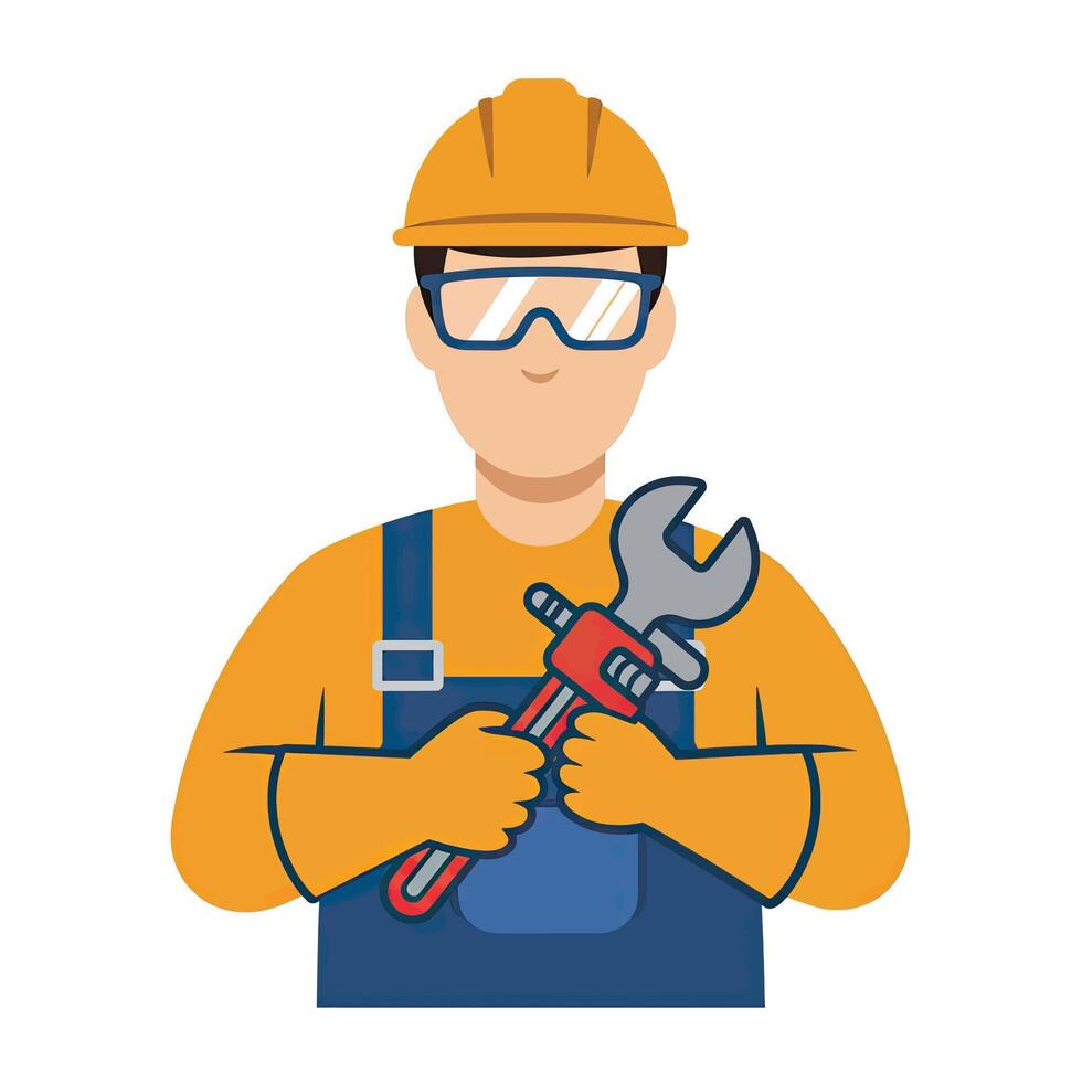 A man in a hard hat and glasses holding a wrench vector