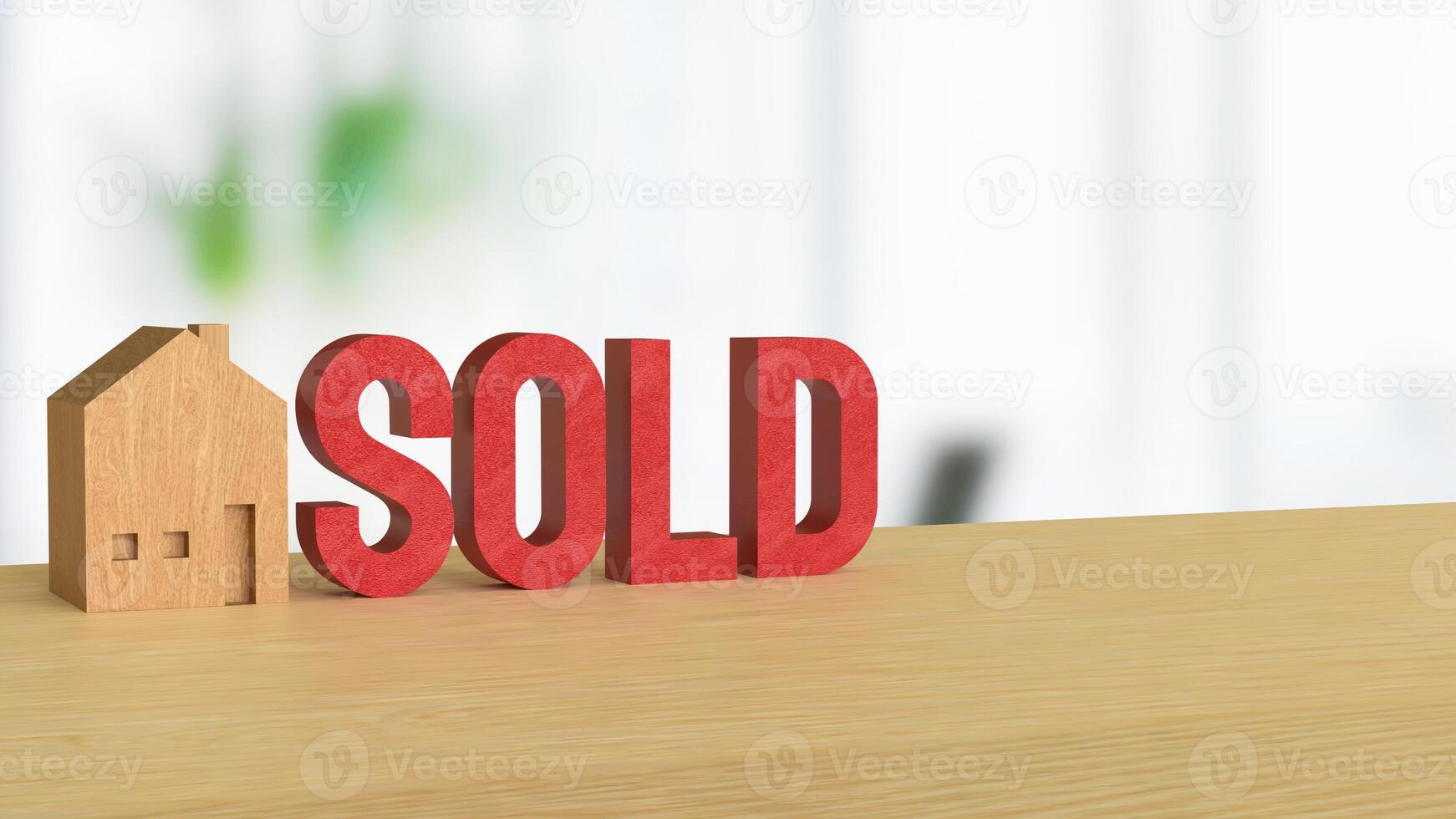 Toy wood house and red sold text for Property or real estate concept 3d Rendering. photo