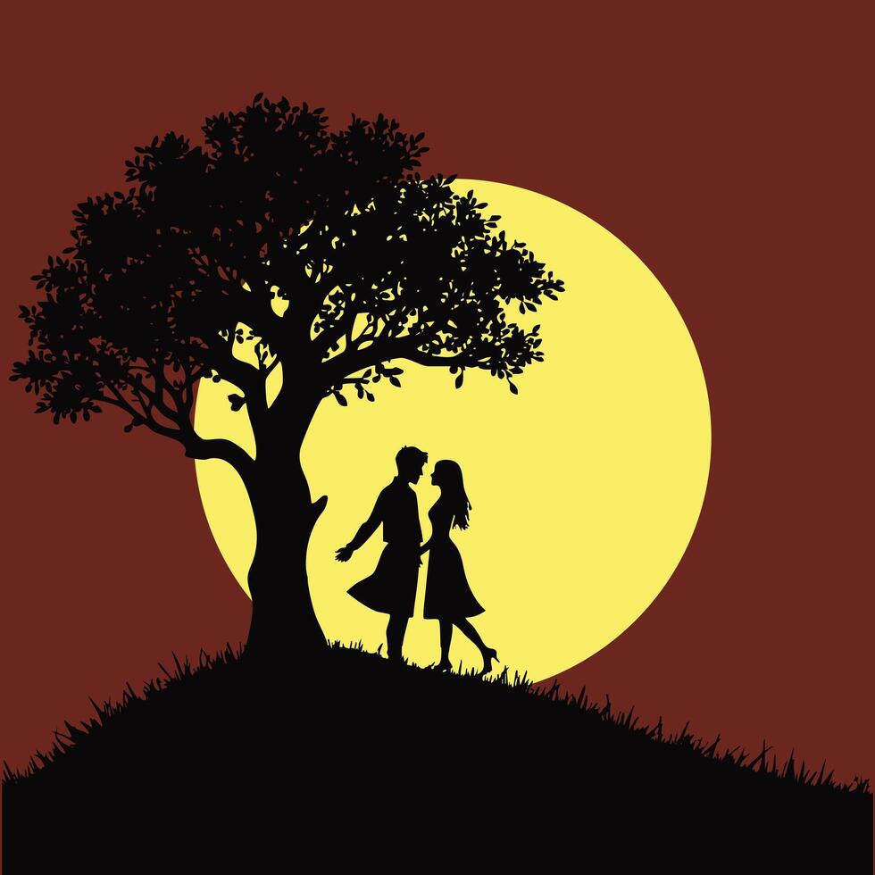 Silhouette of a couple under a tree at sunset vector