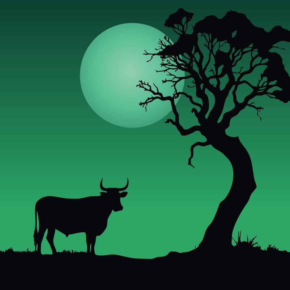 Silhouette of a cow and tree in the night vector