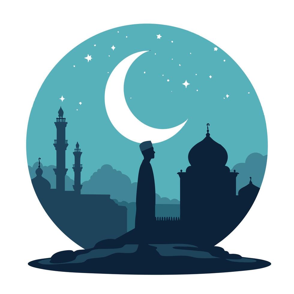 Islamic man in silhouette with mosque and crescent moon vector