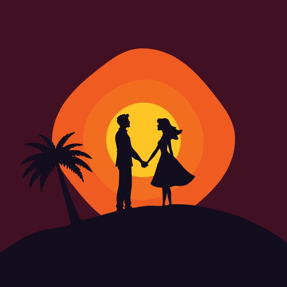 Silhouette of a couple holding hands at sunset vector