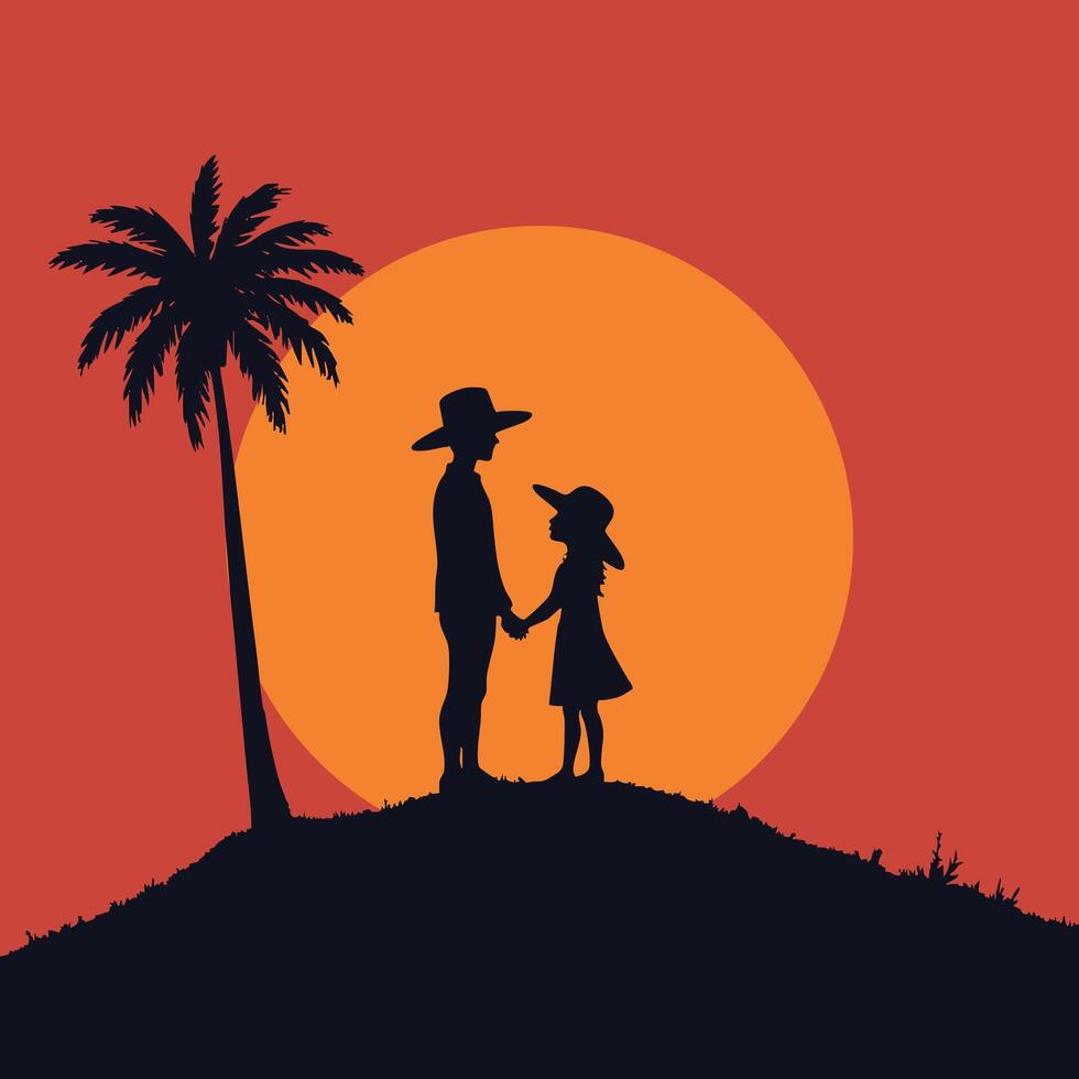 Silhouette of a couple holding hands in front of a palm tree vector