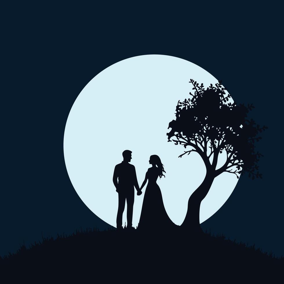 Silhouette of a couple standing under a tree in front of a full moon vector