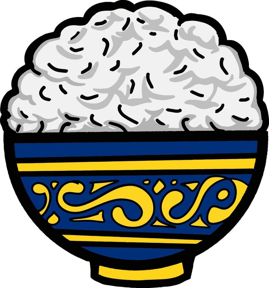 Elegant Blue Bowl with Golden Ornaments Filled with Rice vector