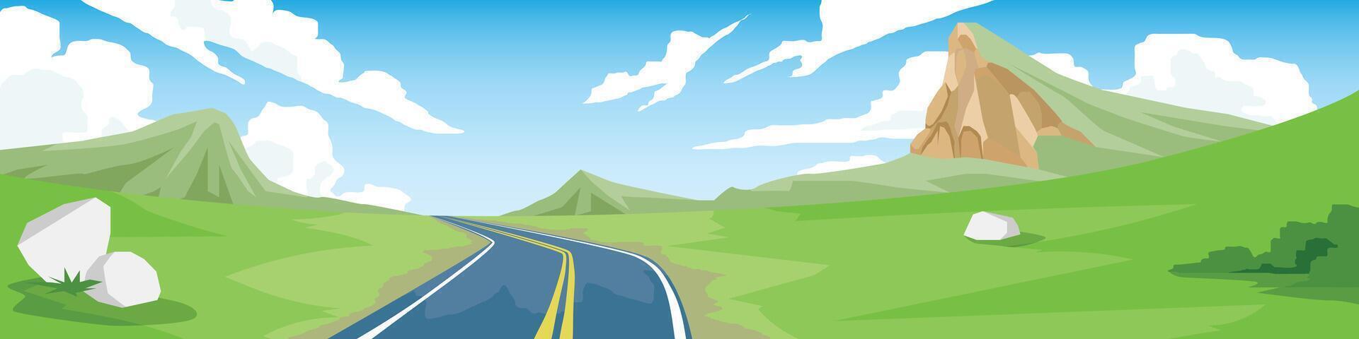 Landcape view of asphalt road that cuts through the grasslands. Background of mountain under blue sky and white clouds. vector