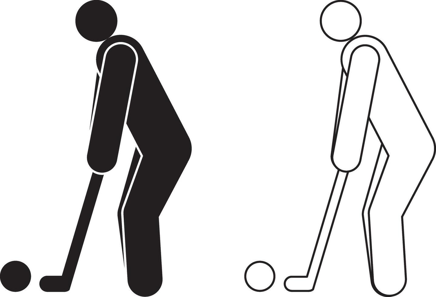 Golf player icon. The image features a stick figure in a bent posture, holding a golf club and preparing to hit the ball. The design is simple and minimalistic vector