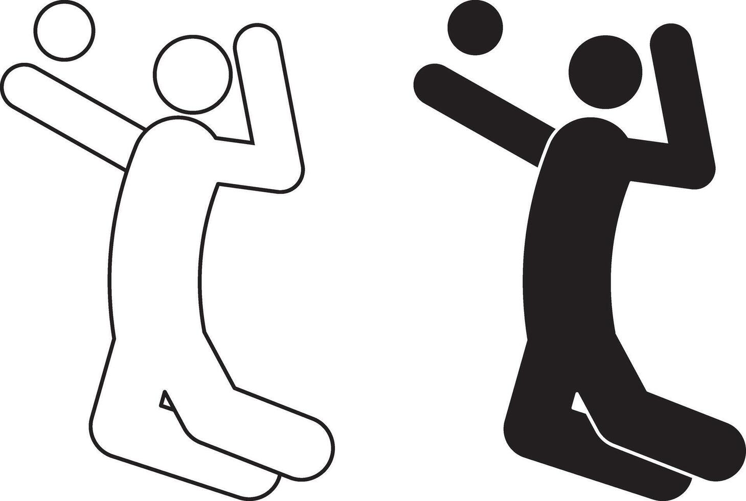 Volleyball player icon. The image depicts a stick figure in a dynamic pose, jumping and preparing to hit the ball. The design is simple and minimalistic vector