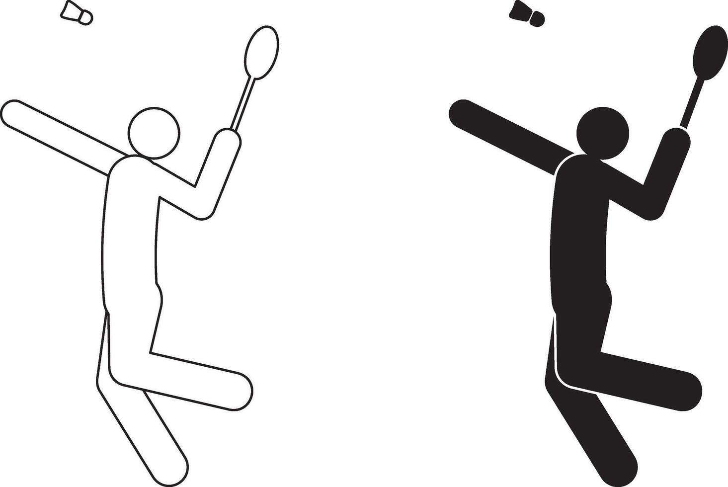 Badminton player icon. The image features a stick figure in an action pose, holding a racket and hitting a shuttlecock vector