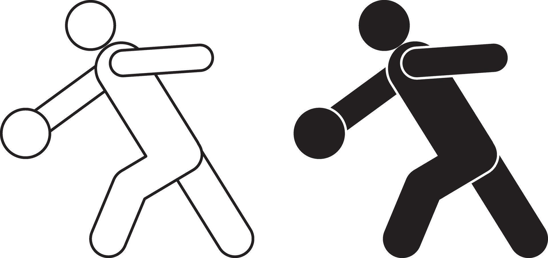 outline silhouette side view bowling player in a throwing motion, holding a bowling ball icon set vector