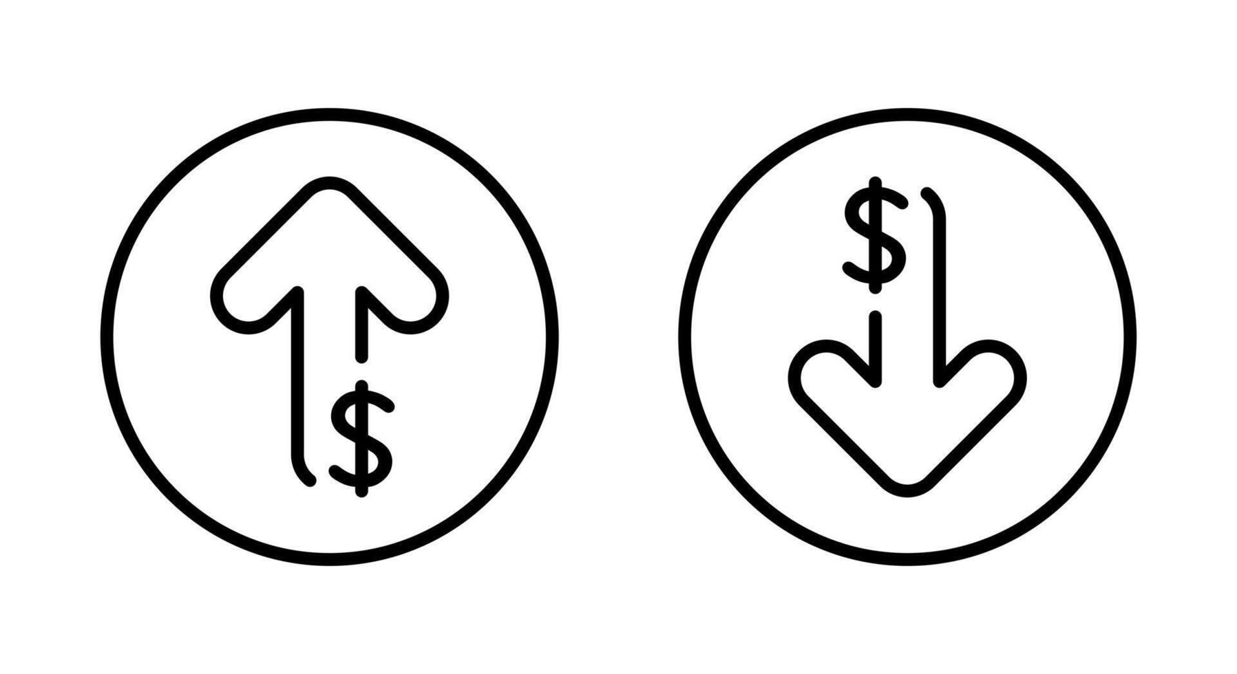 Up and down dollar arrow outline icon on circle line. Increase and decrease USD sign symbol vector