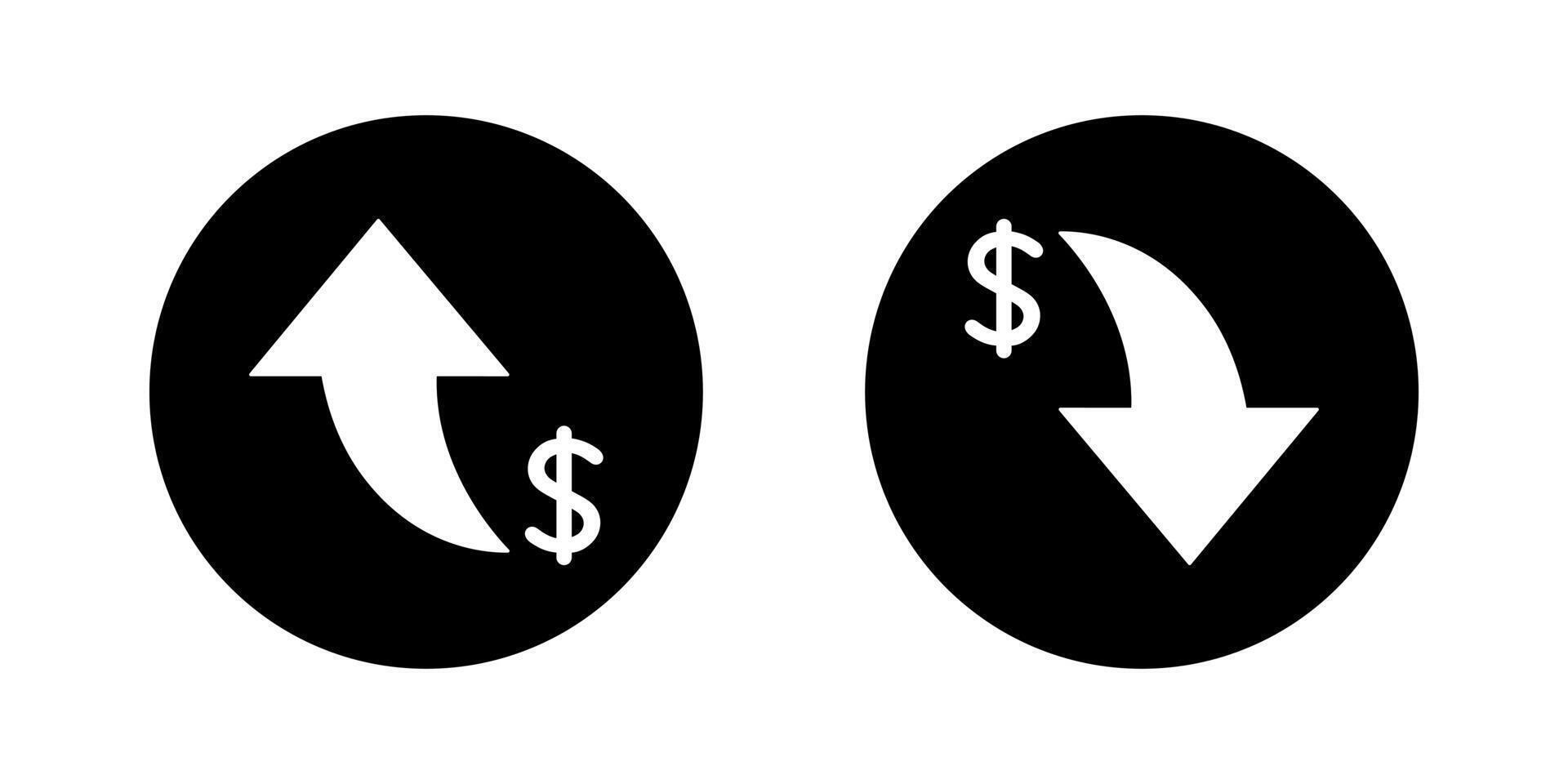 Dollar up and down icon on black circle. USD currency arrow increase and decrease sign symbol vector