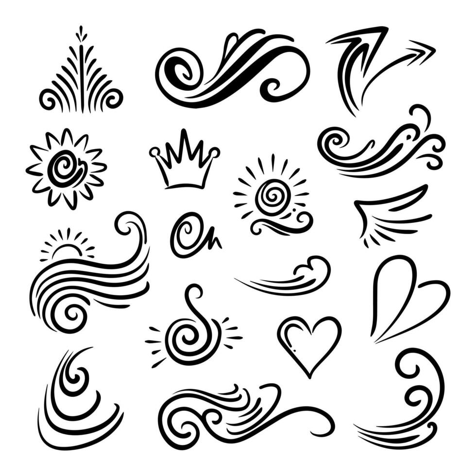 Creative collection of abstract art line waving, sun, crown and love icons isolated on white background vector