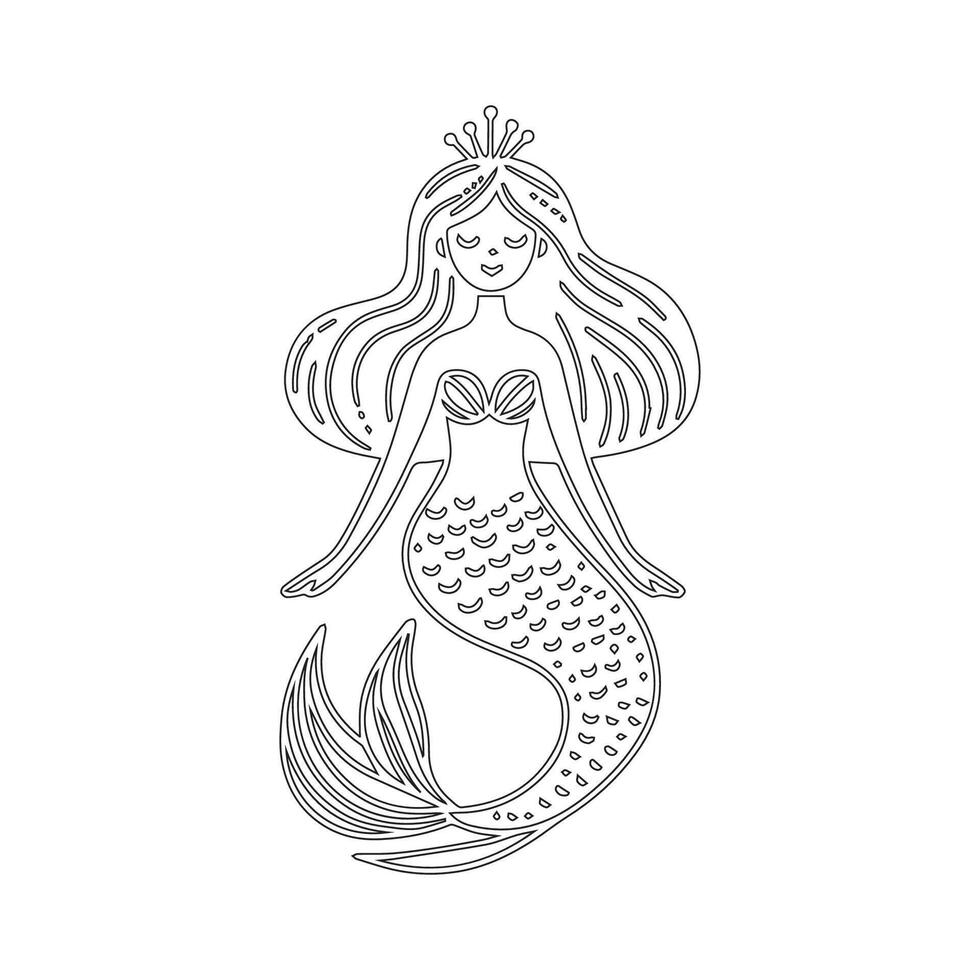 Cute mermaid coloring page for kids. Coloring page worksheet vector