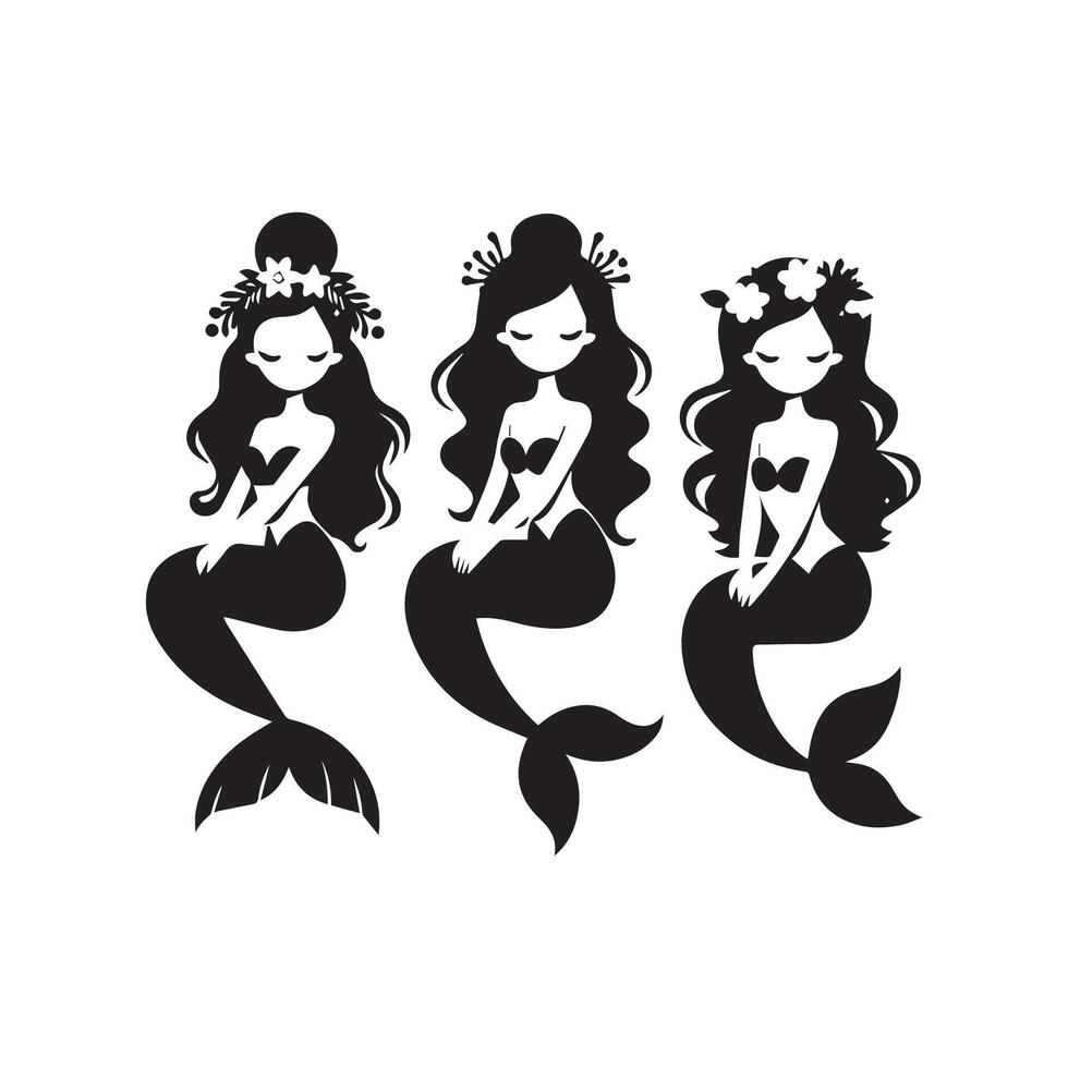 Set of Mermaids sitting silhouette on white background. Cute mermaid icon . vector